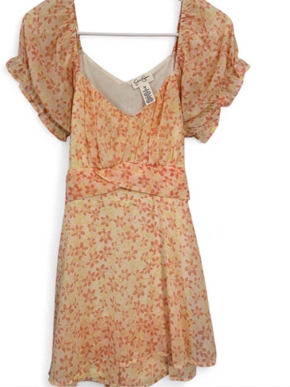 Jessica Simpson Peach Floral Puff-Sleeve Romper